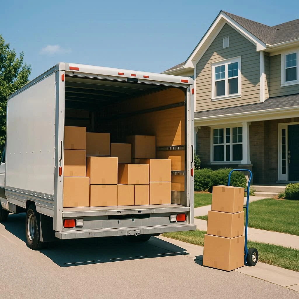 Moving truck and dolly stacked with boxes infront of single family home on a sunny day.